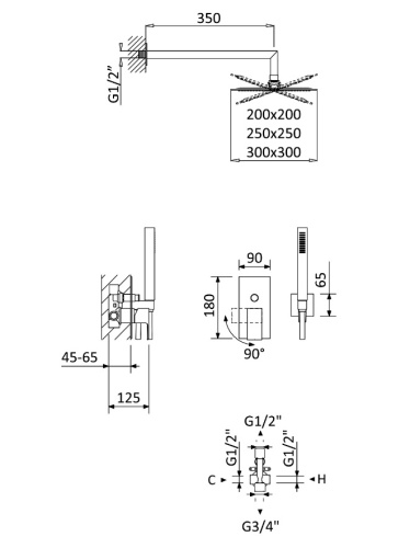 Душевая система с переключателем для верхнего и ручного душа, верхний душ из стены из ABC PORTA-DSIPQ-20-BIO CEZARES